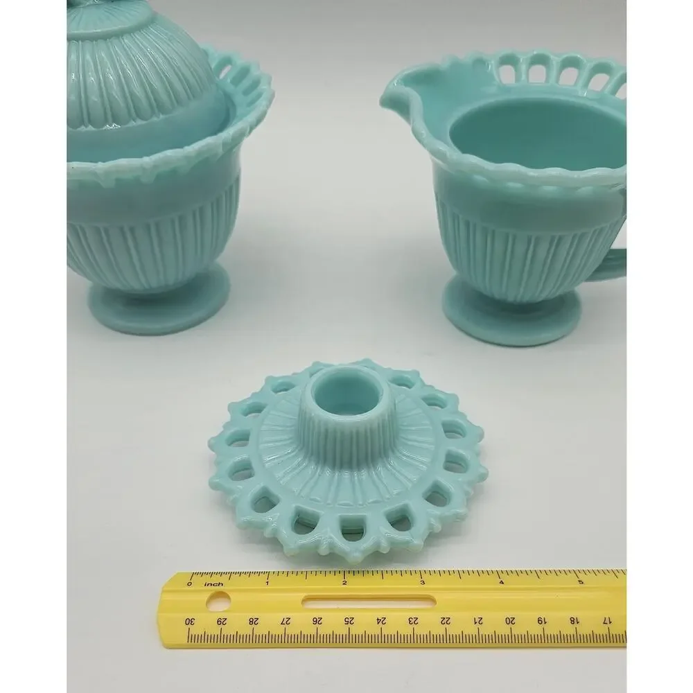 Fostoria Randolph Blue Milk Glass Cream Sugar & Candlestick Holder Set